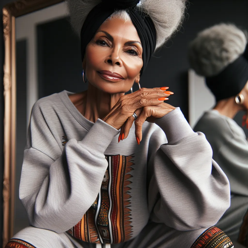 A confident older African American woman with silver-gray hair and a black turban stands in front of a mirror, radiating strength and pride. She is wearing a gray sweatshirt with African patterns and loose matching sweatpants, with her nails painted bright orange. Her surroundings reflect her sense of self-assurance and determination.