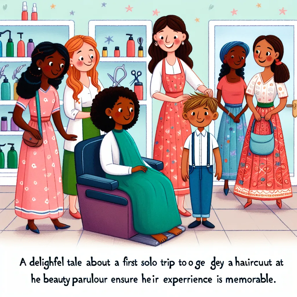 A heartwarming story about a boy named Tommy who goes alone to get a haircut for the first time. He meets kind Korean women at the salon who make him feel special. The image features Tommy, Yuna, Mi-kyung, Hana, Jiwoo, and Soonja at the salon, showcasing their unique characteristics and interaction.