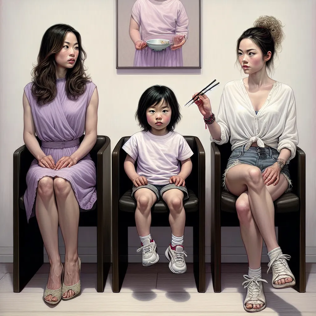 An image of a young boy in a Korean salon, surrounded by two Korean women - one wearing a lavender outfit and the other in a white blouse and denim shorts. The boy is sitting in a chair, with chopsticks in his hand, looking confused while undergoing a sudden transformation into a young Korean girl.