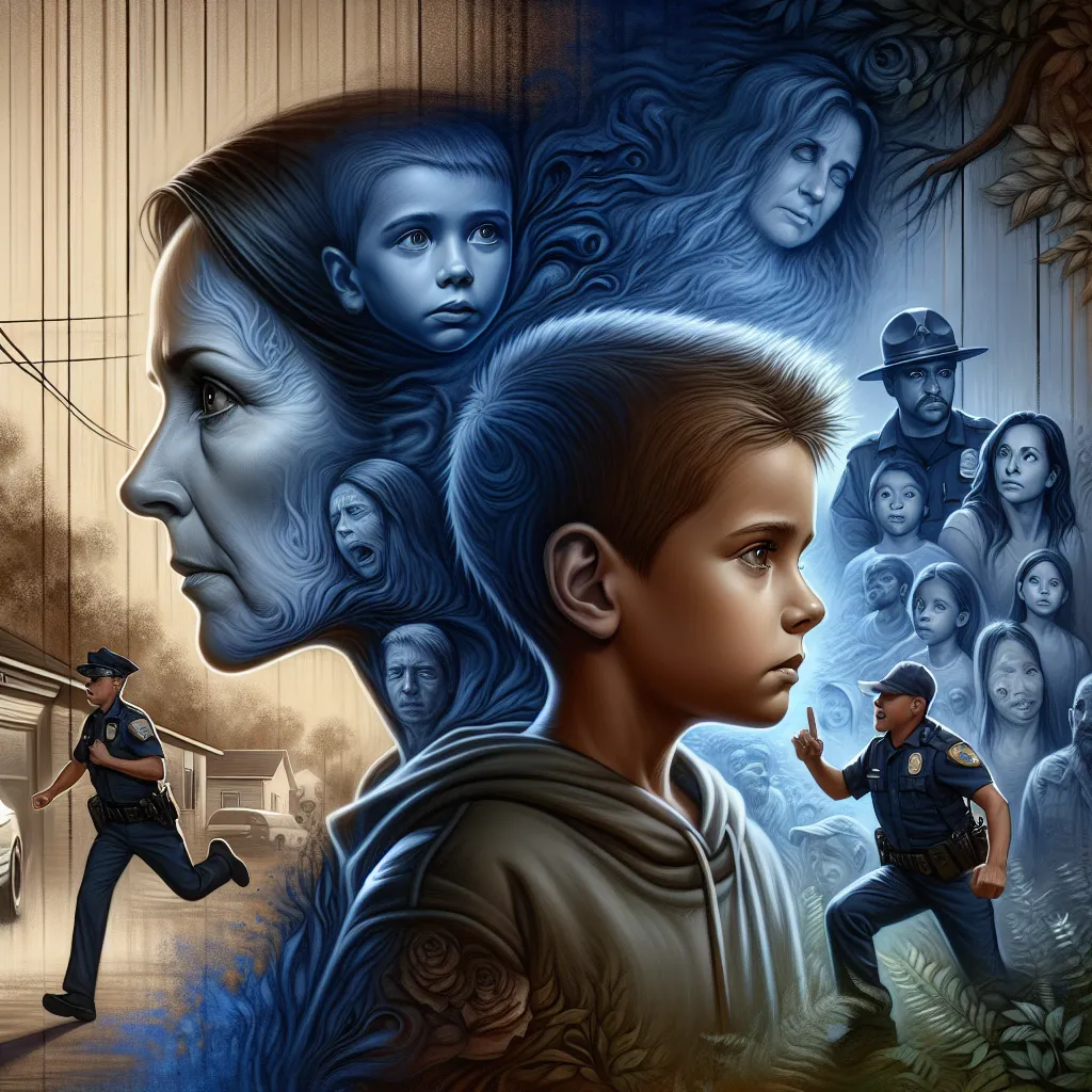 The image accompanying this story could depict a young boy and his mother, with the boy's appearance gradually transforming to match that of his mother's. The image can show the boy's progression from a young, innocent child to a grown woman as his features change and age. The image could convey the fear, confusion, and determination that the mother feels while searching for her missing son, as well as the support and help she receives from the community and law enforcement.
