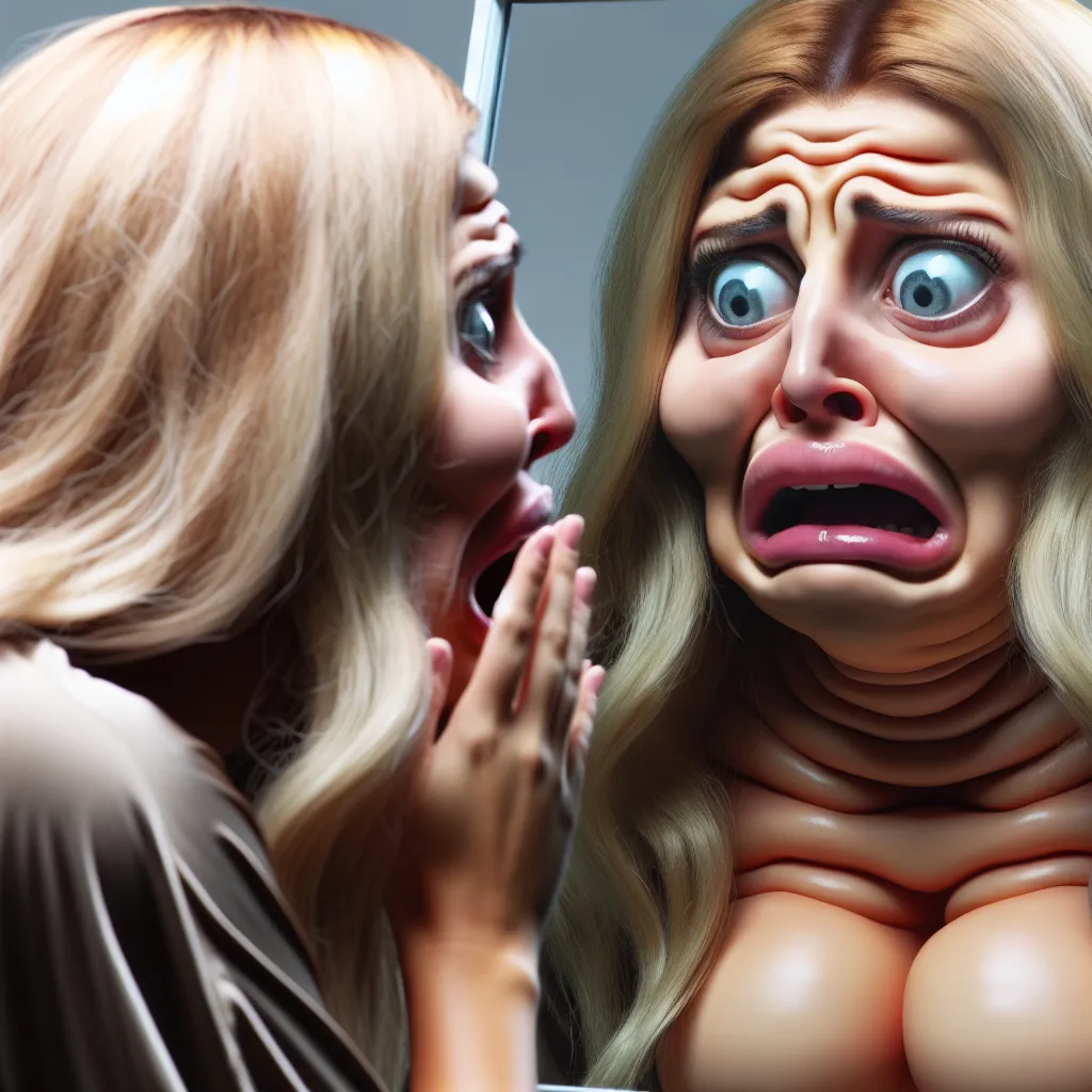 The image accompanying this story could be a close-up shot of a person's face looking into a mirror, their expression filled with shock, confusion, and anguish. The reflection in the mirror shows their transformed appearance, emphasizing their exaggerated curves and long, silky blonde hair.