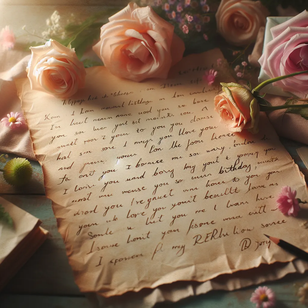 An emotional handwritten letter expressing regret and love on a birthday, with a backdrop of soft, pastel colors and delicate flowers.