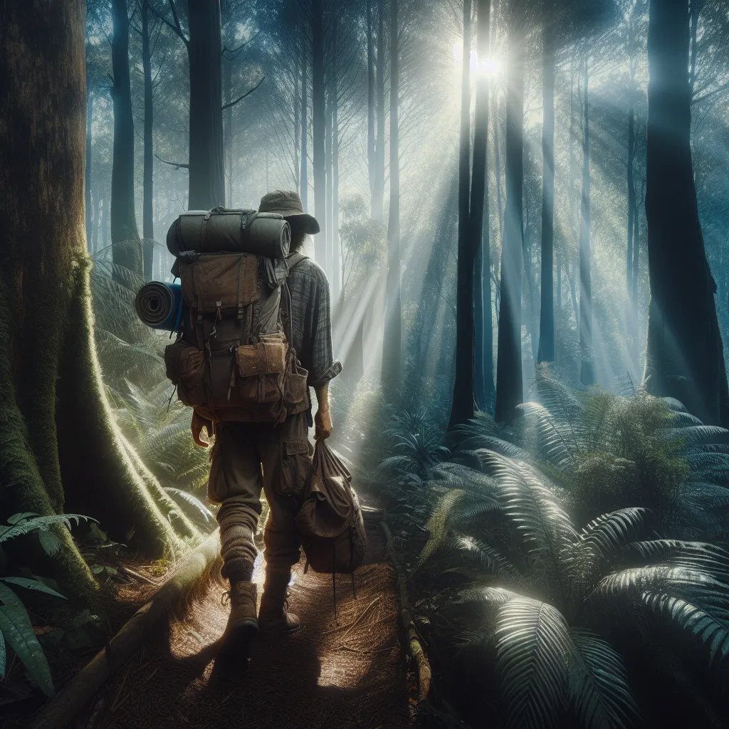 A weary traveler makes their way through a dense forest, surrounded by towering trees and dappled sunlight. They carry a worn backpack and wear weathered clothes, reflecting an adventurous spirit and a desire for exploration.