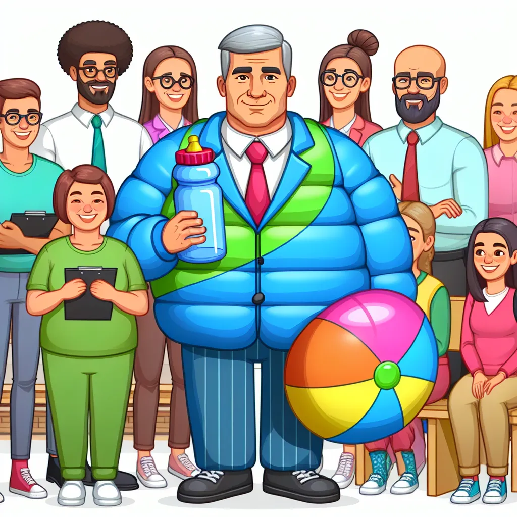 An image depicting Principal Seymour Skinner in a suit, but wearing a giant diaper and holding a baby bottle, surrounded by a group of teachers and students who are all adoringly looking at him.