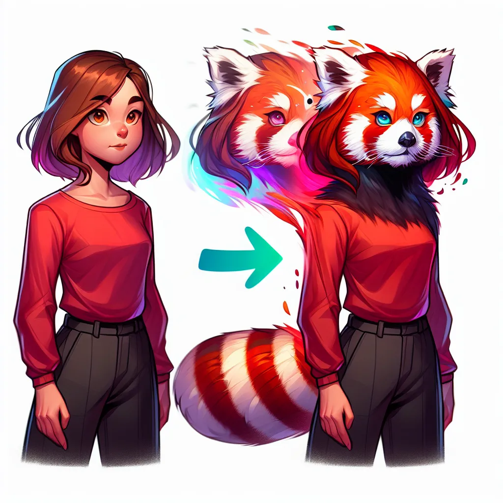 A young person named Kai undergoes a mesmerizing transformation, turning into a graceful and vibrant red panda-human hybrid named Kaia.