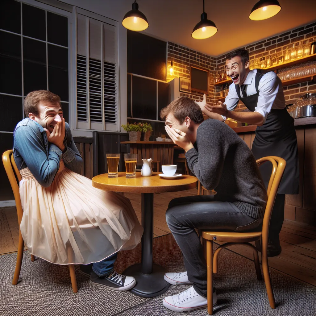 The image accompanying this story could be a humorous depiction of two friends sitting at a cafe table, with one guy reluctantly dressed in a dress and the other guy barely containing his laughter. The setting could be cozy and dimly lit, with a waiter standing nearby.