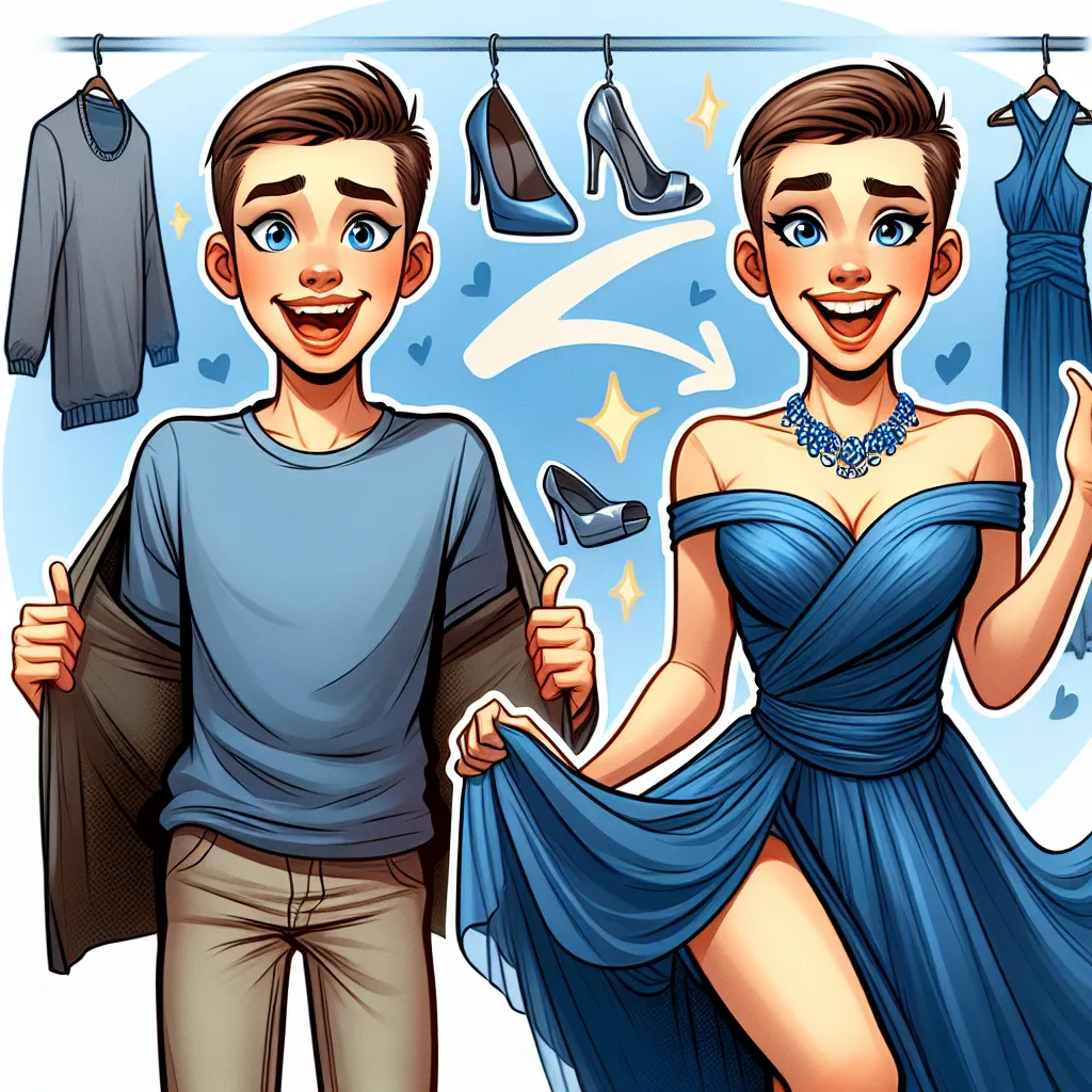 A young boy named Thomas finds himself mysteriously transformed into a woman named Nicole after trying on her motherly friend's evening attire. As Nicole, she navigates a night out with her husband, Harold, experiencing joy and contentment despite the unexpected change. The image may show Thomas, now Nicole, elegantly dressed in a sapphire wrap dress, sapphire jewelry, and silver stilettos, exuding a mix of shock, acceptance, and newfound confidence.