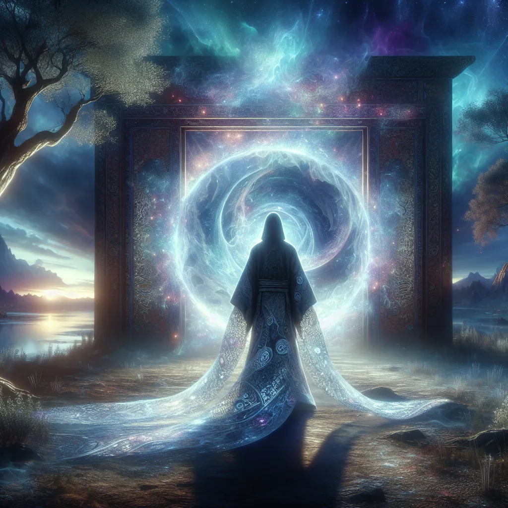 A mysterious and evocative image depicting a figure standing in front of a shimmering, luminous portal, symbolizing the enigmatic life of Yasuna Kamiizumi and the secret of the swapped soul in this captivating biography.