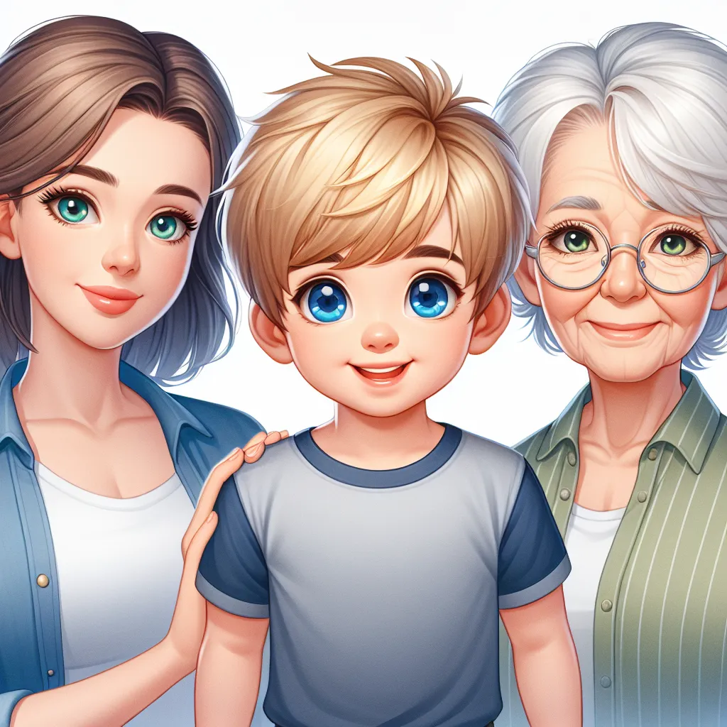 DALLE, please generate an image to accompany this story description:

The image depicts a young boy named Timothy standing beside his mother, Sarah, and his grandmother, Margaret. Timothy, a small and energetic boy with blonde hair and bright blue eyes, stands at a mere 3 feet 8 inches tall and weighs 45 pounds. His mother, Sarah, is a loving and doting parent with chestnut brown hair and soft green eyes. She stands at 5 feet 7 inches tall and weighs approximately 130 pounds. Timothy's grandmoth