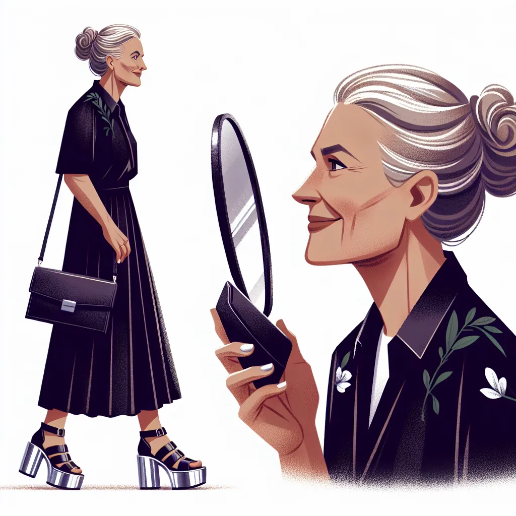 An image that reflects Linda's new life as a 54-year-old woman, confident and content in her appearance and in love with her husband. She is wearing an elegant, black dress with silver platform sandals, and her hair and makeup are beautifully done. She is holding her small, black leather clutch purse and looking at her reflection in a mirror with a smile on her face.