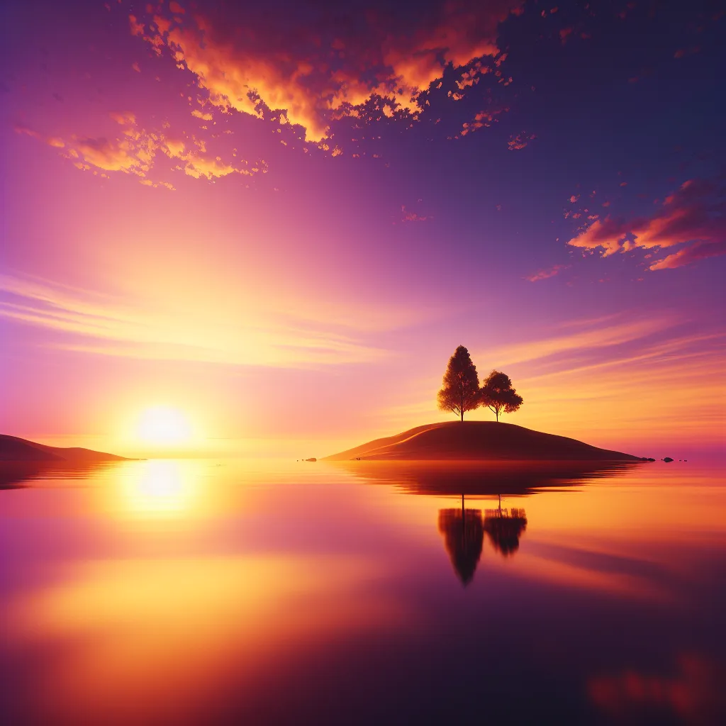 Description: A serene, minimalist landscape with a golden sunset over calm waters, reflecting vibrant hues of orange, pink, and purple. A lone tree stands tall on a small island in the distance, as the sky above is dotted with a scattering of fluffy clouds.