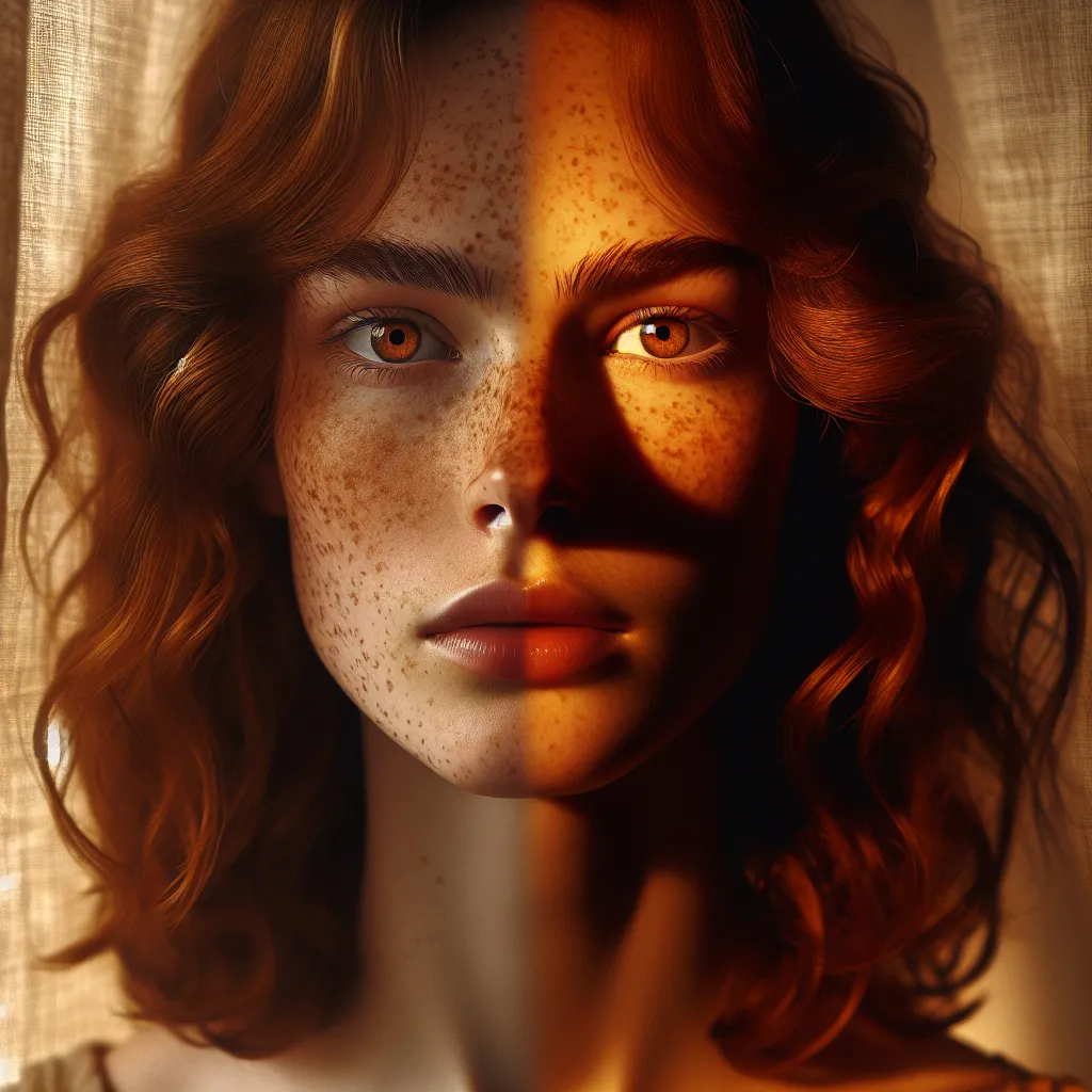 The image accompanying this story is a close-up shot of a person's face, representing the transformation and duality within the story. The individual is in their mid-twenties, with freckles across their nose and apples of their cheeks. They have shoulder-length wavy auburn hair, with strands falling gracefully around their face. Their determined amber eyes gaze straight ahead, reflecting a mix of confusion, understanding, and determination. The lighting is warm and soft, reminiscent of the morni