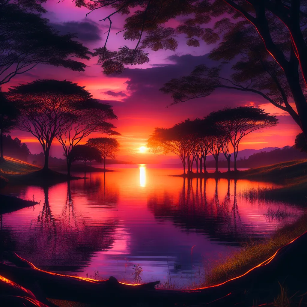 "A picturesque sunset scene with silhouettes of trees and a serene lake reflecting vibrant hues of orange and purple in the sky."