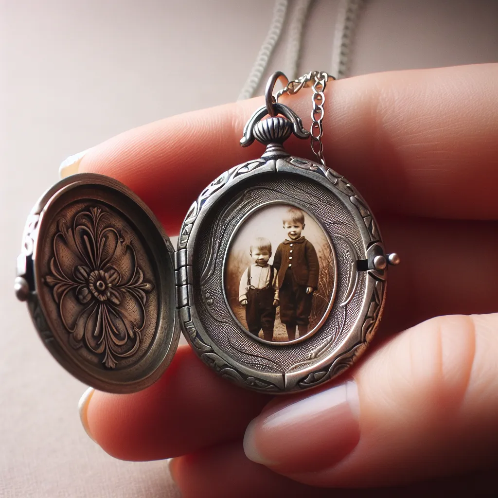 This is image description for DALLE: 
The image features a close-up of a silver locket with intricate carvings. It is delicately hanging from a thin silver chain. The locket is partially open, revealing a tiny photo inside. The photo shows a loving family with a young boy and a woman who appears to be his mother. The image reflects warmth and sentimentality.