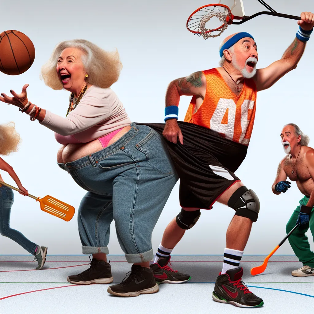 Description: An image featuring a comedic scene, showcasing the swapped bodies of Chuck and Josh. The image depicts Chuck (in Josh's mom's body) and Josh (in Chuck's body) playing various sports, such as basketball, flag football, and street hockey, with Chuck hilariously utilizing his new body while trash-talking and showcasing his "rack."