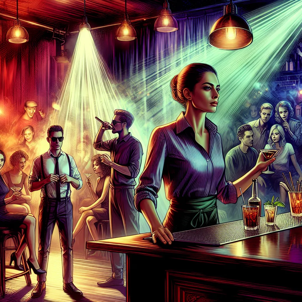 A bustling scene at a nighttime club, where Lena navigates the chaos as owner and bartender. Mystery unfolds as a new patron, Oliver, captures her attention amid strange occurrences and a backstage drama. An unexpected turn leads to a criminal reveal, with Lena's quick thinking and Oliver's assistance unravelling the truth.