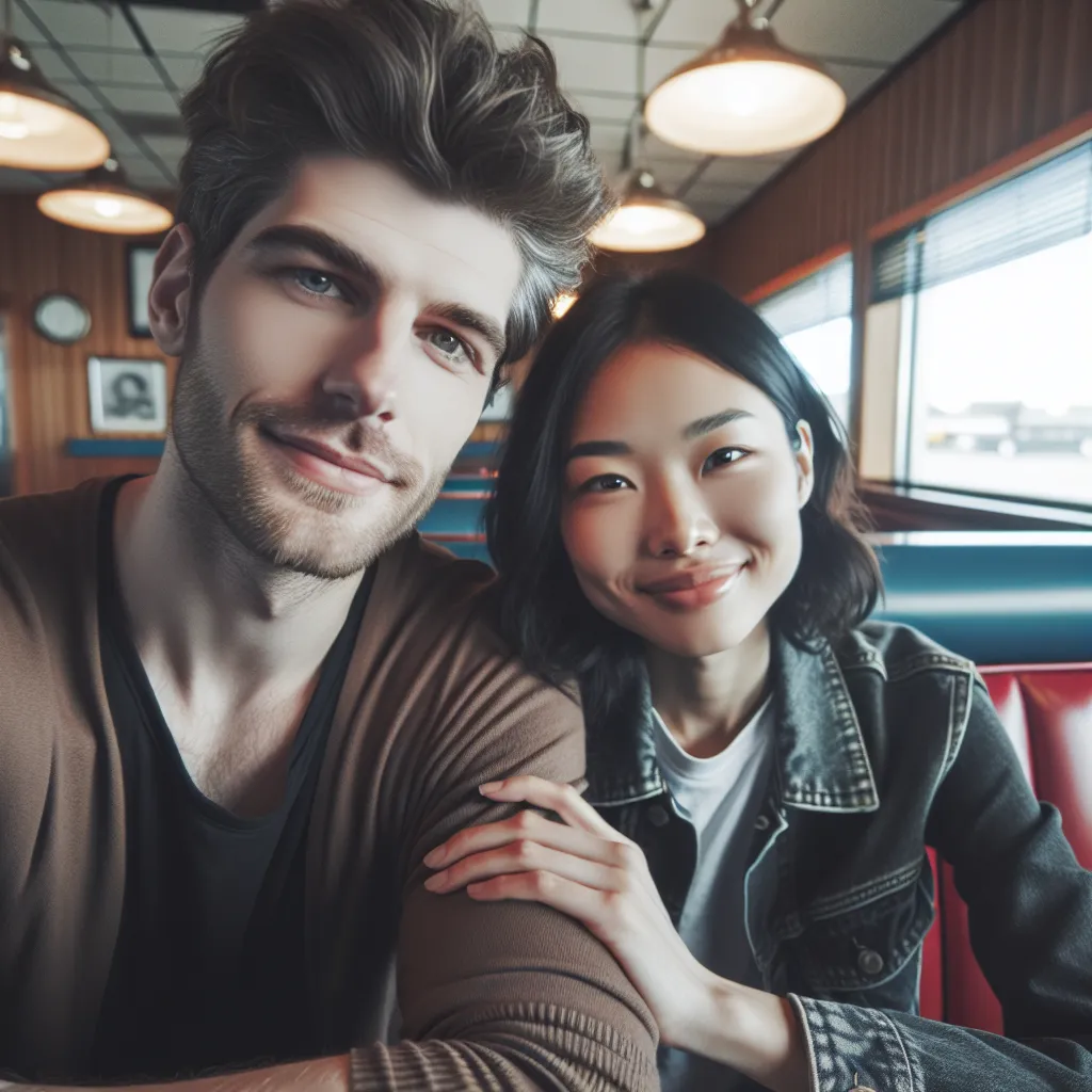 An image of two friends sitting in a diner, one embodied as a male and the other as a female, with a mix of emotions on their faces, capturing the essence of their gender-swapping journey.