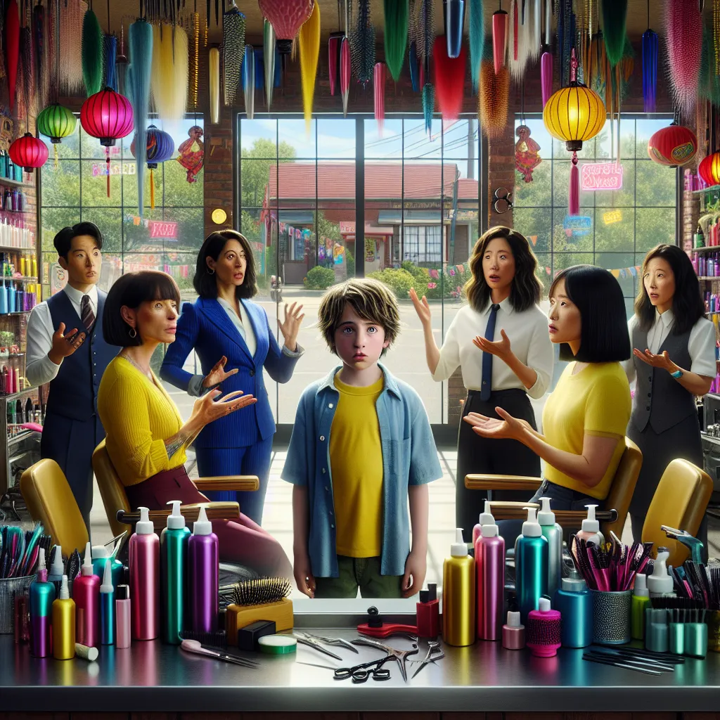 A detailed story that begins in a small suburban hair salon, involving a young boy named Oliver who finds himself in a mysterious transformation, navigating between two bodies with the help of five Korean stylists until he finally returns to his own self.