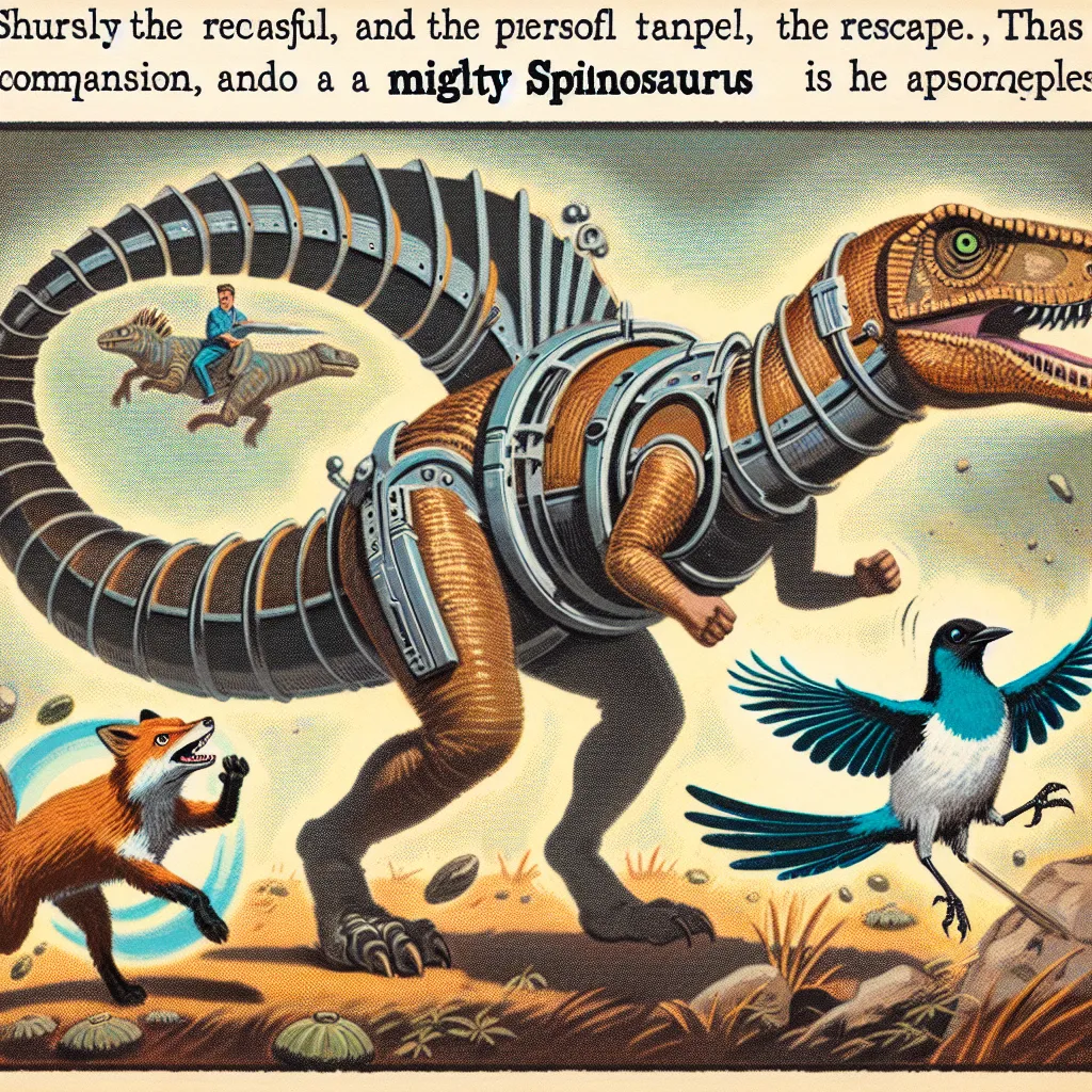 A person transformed into a spinosaurus in a science fiction tale, featuring a daring escape with fox and magpie-jay companions.
