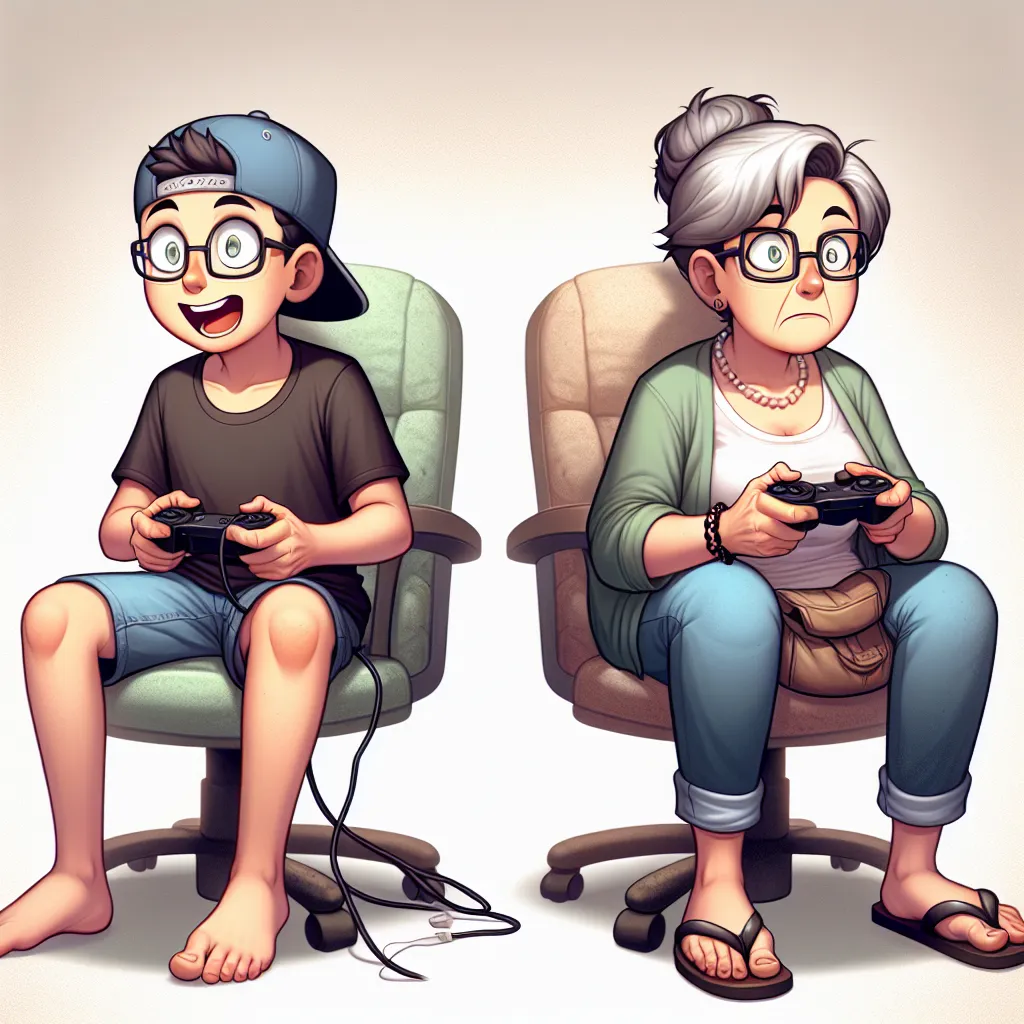 The image accompanying this story could be a humorous illustration of a mother and son playing video games together, but with a humorous twist: the son is in the mother's body, complete with her clothing and glasses, while the mother is in the son's body, maybe wearing a backwards cap and holding a video game controller. They could both have exaggerated expressions of surprise or confusion, with the son struggling to adjust to his mom's body and the mother discovering the joys (or struggles) of 