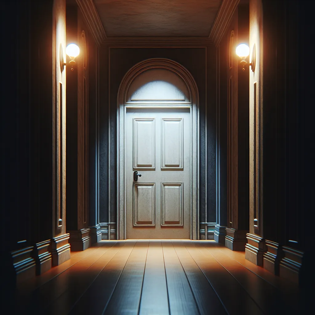 An image to accompany this story could be of a dimly lit hallway with a closed door at the end, symbolizing the sense of mystery and uncertainty surrounding the disappearance of Caitlyn. The hallway should have a solemn and slightly eerie atmosphere to convey the theme of crime and the protagonist's quest for answers.