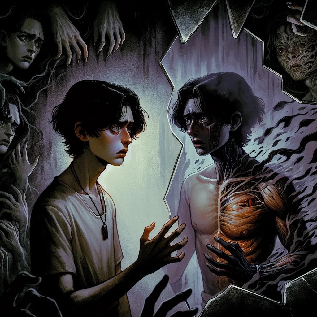 An unsettling horror story of a body swap with surreal and psychological consequences, exploring the protagonist's gender dysphoria and identity crisis as they are trapped in someone else's skin.