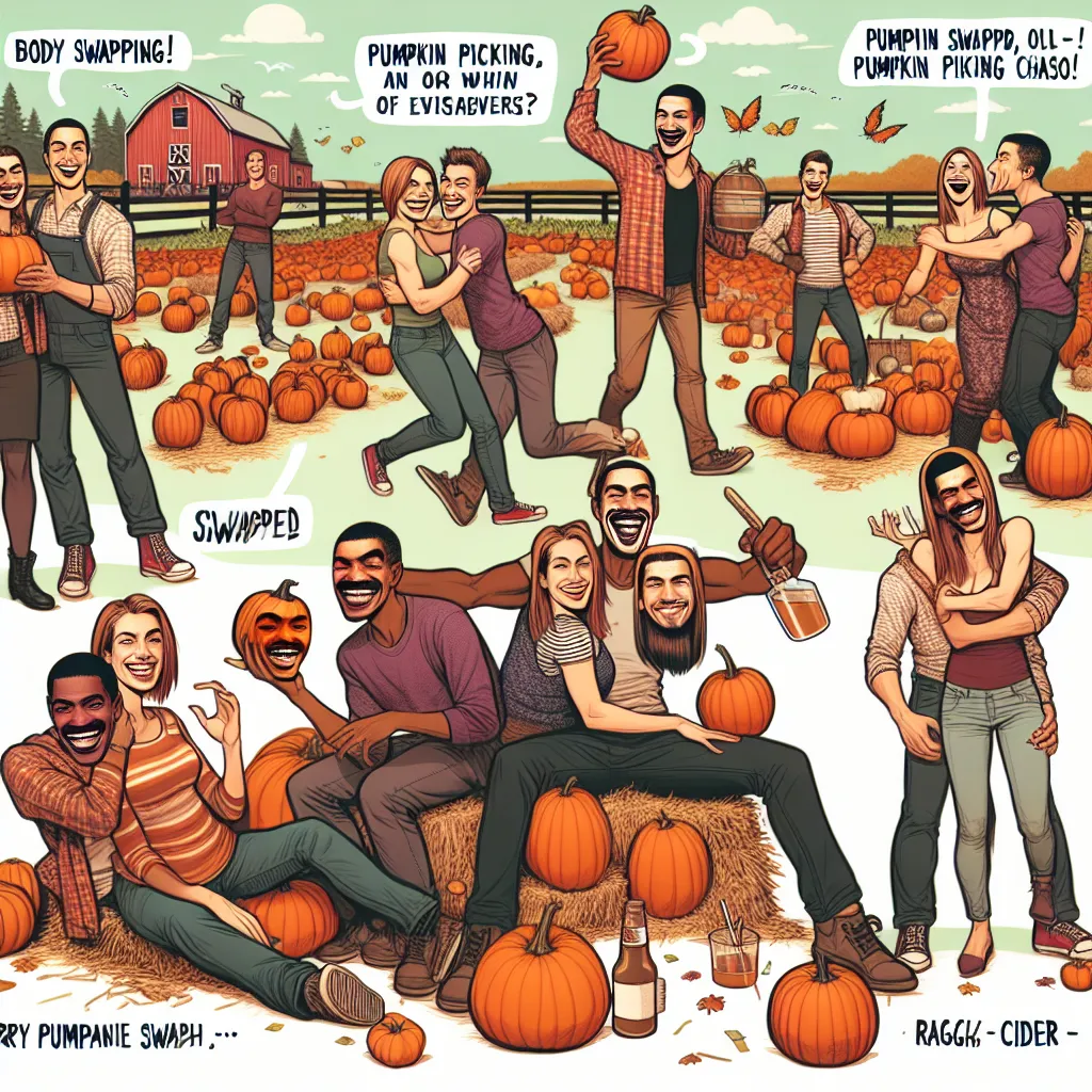 A humorous and heartwarming tale of unexpected body swapping at a pumpkin patch, where a man navigates a chaotic day with his best friend inhabiting his girlfriend's body. Together, they find hilarity and compromise in the midst of cider, pumpkin picking, and swapped identities.