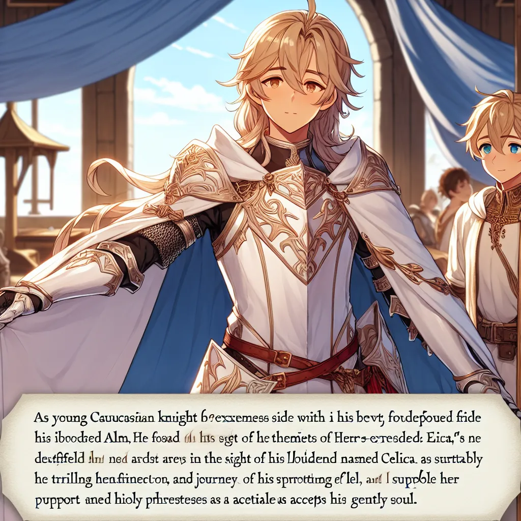 A young knight named Alm, eager to express their true self, secretly dresses up in the clothing of his beloved Celica and is caught by Conrad, Celica's brother, who becomes captivated by Alm's new appearance. Conrad embraces Alm's true self and encourages him to express his femininity as a sacred priestess, fitting for his delicate nature. Alm feels a thrilling sense of freedom as they walk through the camp together, and Conrad promises to protect and support Alm as they embrace their true ident