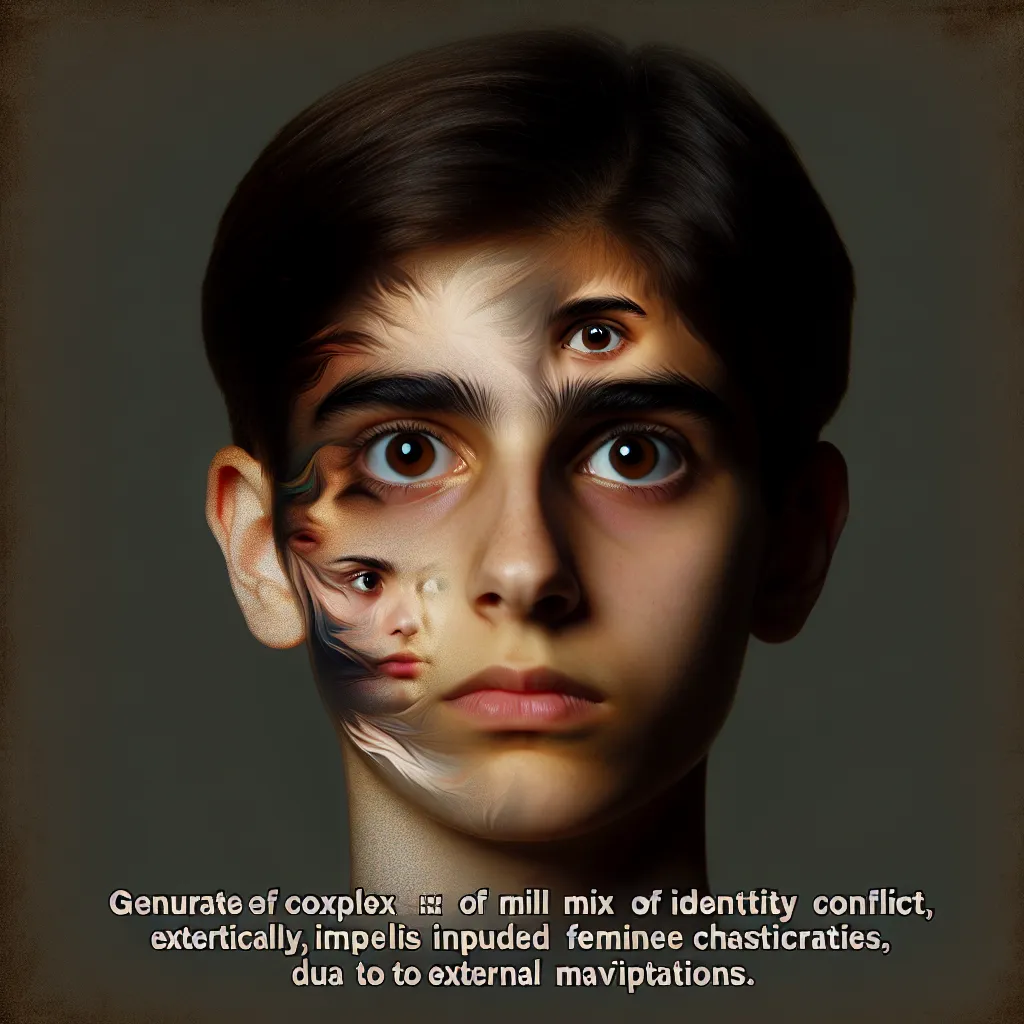 The image will feature a young person with wide brown eyes, embodying an unsettling blend of gender dysphoria, artificial femininity, and psychological struggle. Their face will express a mix of horror, introspection, and a haunted look, capturing the essence of Touma's daily reality in his new hell, forced into the life of Misaka Mikoto under Kihara Gensei’s machinations.
