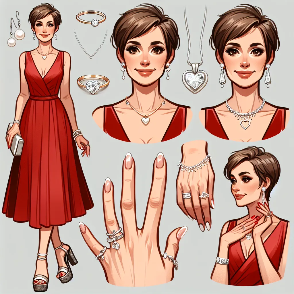 The image description for this story is: "A woman with a mature and content expression, wearing an elegant red dress, platform sandals, and several pieces of jewelry, including a wedding ring, gold bracelet, diamond stud earrings, a silver necklace with a heart pendant, a pearl ring, a broach pinned to her dress, and a silver anklet. Her hair is styled in a short pixie cut, and she has a French manicure and pedicure. She exudes grace and radiates a subtle glow, embodying the beauty of love and j