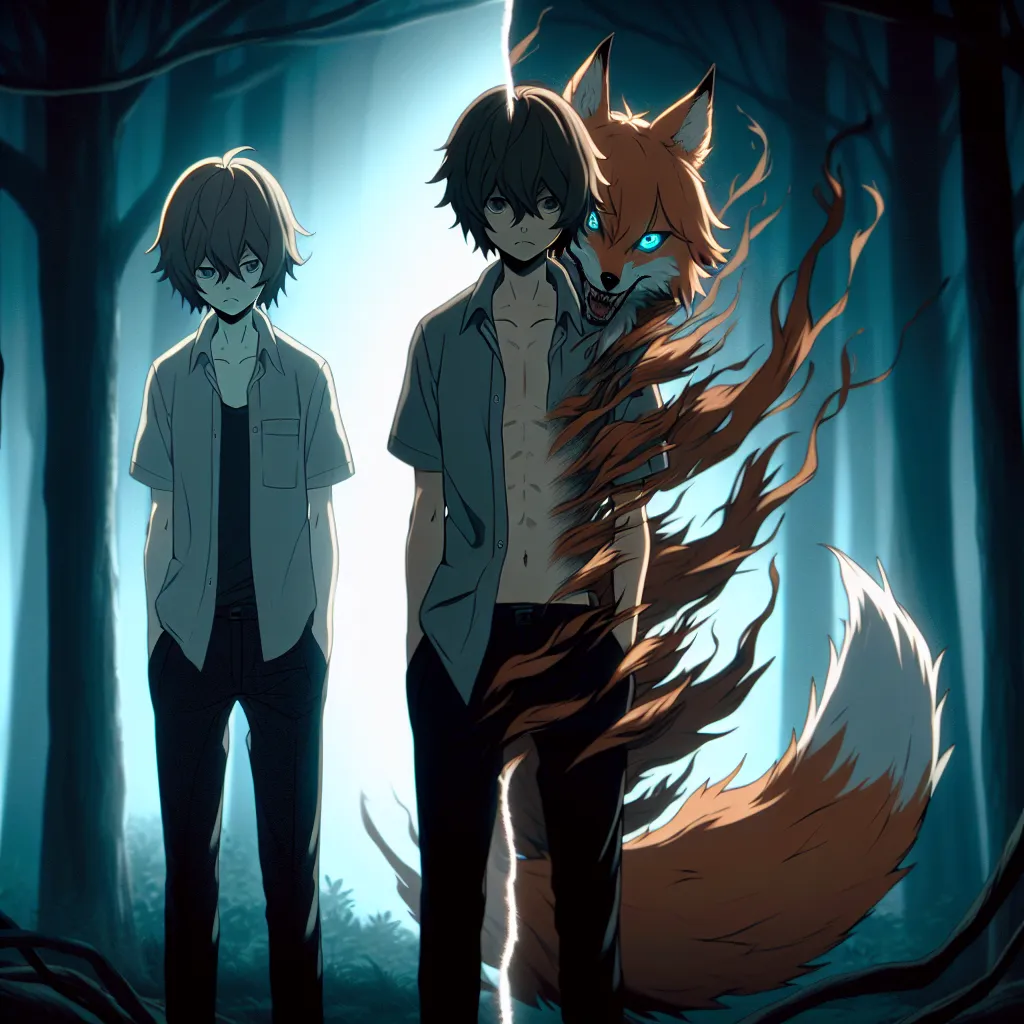 The image accompanying this story will depict Naruto Uzumaki, a young character from an anime, standing alone in a dark forest. Naruto's body is gradually transforming, with his gender changing from male to female. The image captures his despair and confusion as he grapples with the twisted game being played on him by a malevolent fox spirit named Kurama. The image will convey the horror and psychological torment Naruto experiences as his identity is forcefully reshaped.