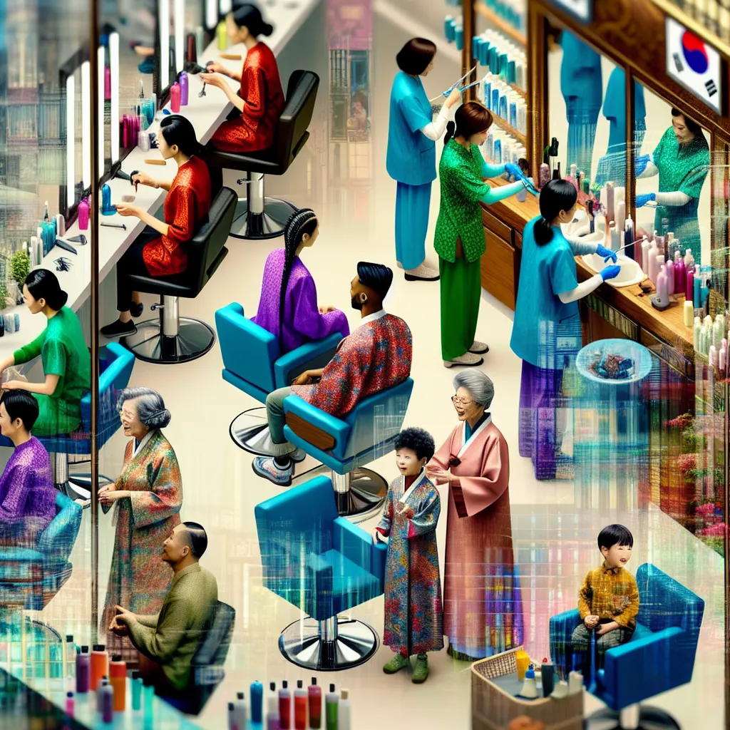 A detailed image of a Korean hair salon, bustling with five women at work, featuring Oliver, a 4-year-old boy with ash-blonde hair, invisible and floating above his physical body in a blue chair, accompanied by his mom and grandma outside. The women, dressed in coordinated colorful uniforms, are engaged in various salon tasks like cutting, styling, and cleaning, as Oliver observes them from a ghostly perspective. The image captures the salon’s lively atmosphere and diverse characters, including 