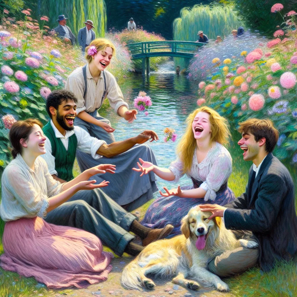 Pet, Prank, Hypnosis, Friends, Mischief in the style of Monet