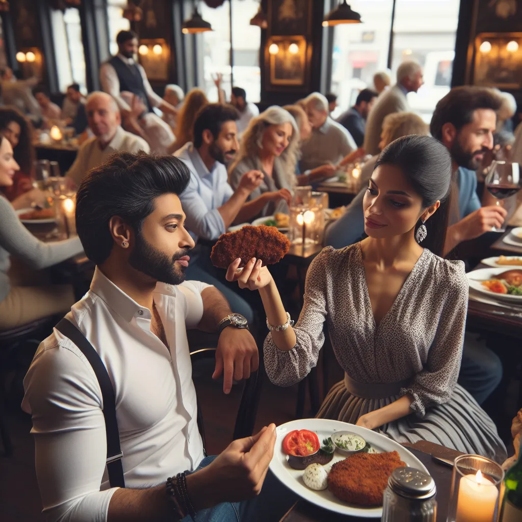 A woman observes a man playfully dramatizing a culinary mishap with a cutlet in a bustling restaurant. Their laughter pauses as concern grips her, but relief washes over her as she confirms his well-being with a tender gesture. Their eyes lock, hinting at a budding romance amidst the charming chaos.