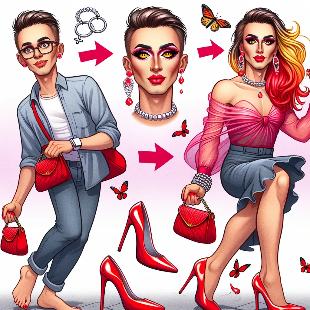 Image Description: 

The image shows the transformation of a young boy named Oliver Jones into a confident and glamorous young woman named Olivia. Starting with Oliver in his casual clothes, he stumbles upon a pair of dazzling red high heels on the ground. As he trips and falls, the heels magically transform his appearance, gradually changing his facial features, body shape, and clothing. Olivia emerges from the transformation wearing a fashionable skirt, blouse, and makeup, complete with perfec