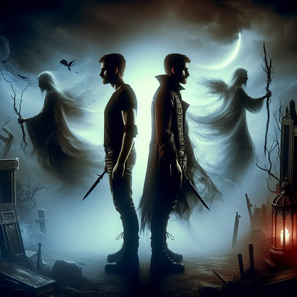 A haunting image representing the tragic tale of Trevor Maloney and Yoshika Miyafuji. The image showcases the two characters, Trevor and Yoshika, standing side by side but separated, surrounded by a sense of darkness and turmoil. Trevor is portrayed in Yoshika's body, while Yoshika is depicted in Trevor's body, symbolizing the soul swap that occurred as a result of Trevor's betrayal. The image captures the conflict, struggle, and inner torment faced by both characters, as they navigate their new