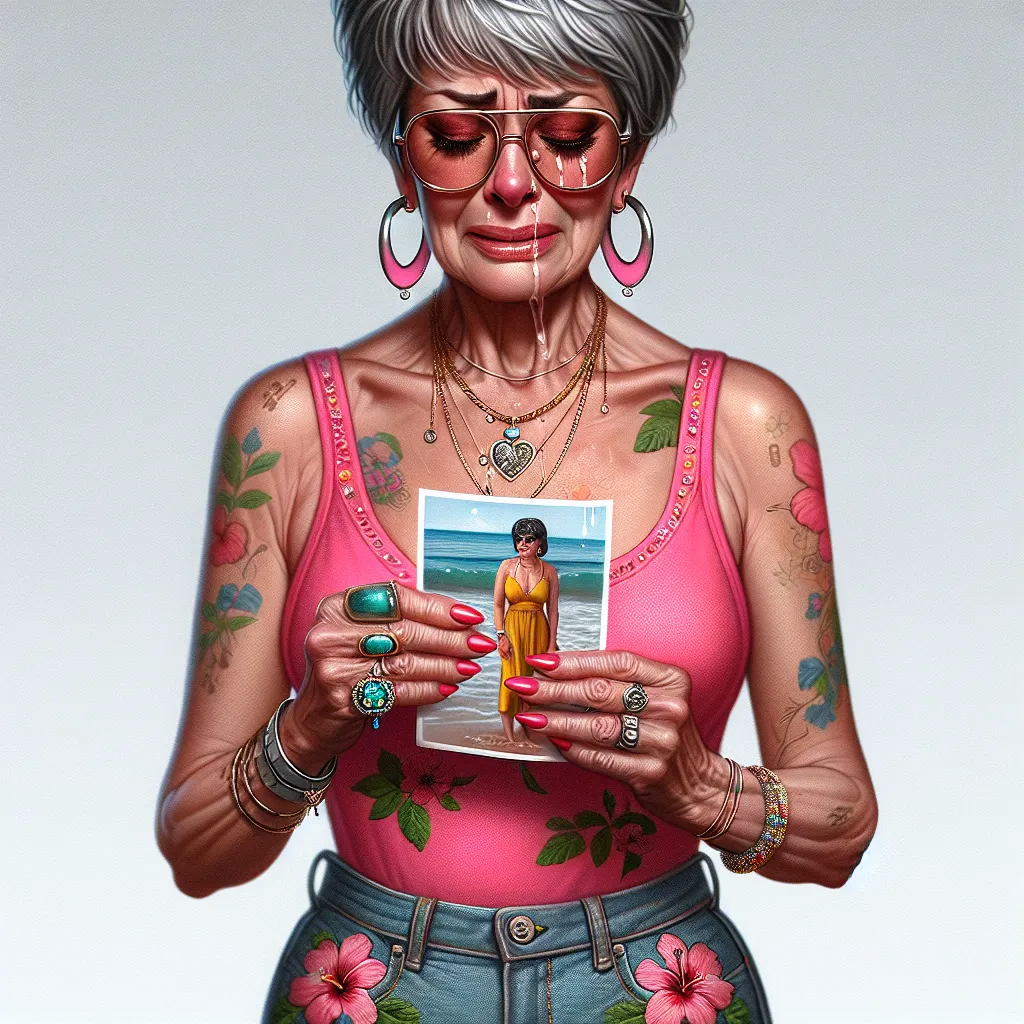 The image that accompanies this story is of a woman named Carmen, who is in her 50s. She has short grey hair styled in a bob and is wearing a bright pink tank top with hibiscus flower designs. She is also wearing denim shorts with floral embroidery and pink flip flops with small rhinestones lining the straps. Carmen has large round sunglasses with a fade from dark to light tint. She is wearing six pieces of jewelry, including large silver hoop earrings, a gold chain necklace, a charm bracelet, a