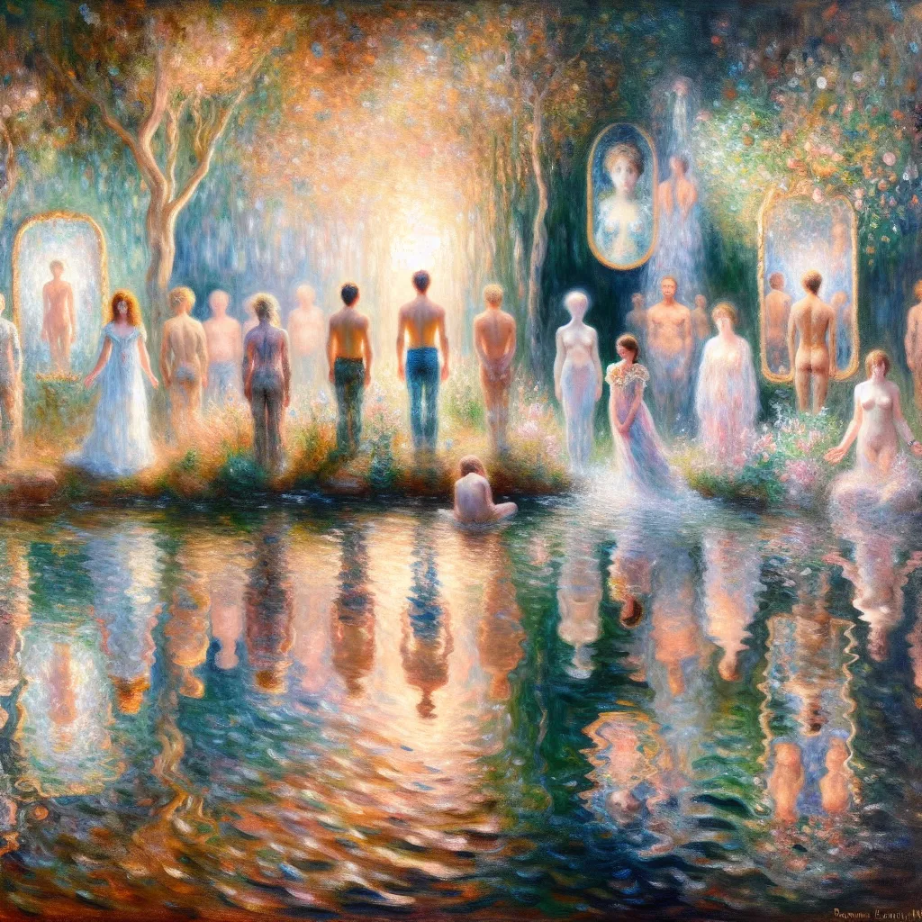 Identity, Gender Dysphoria, Body Swap, Emotional journey, Perception in the style of Monet