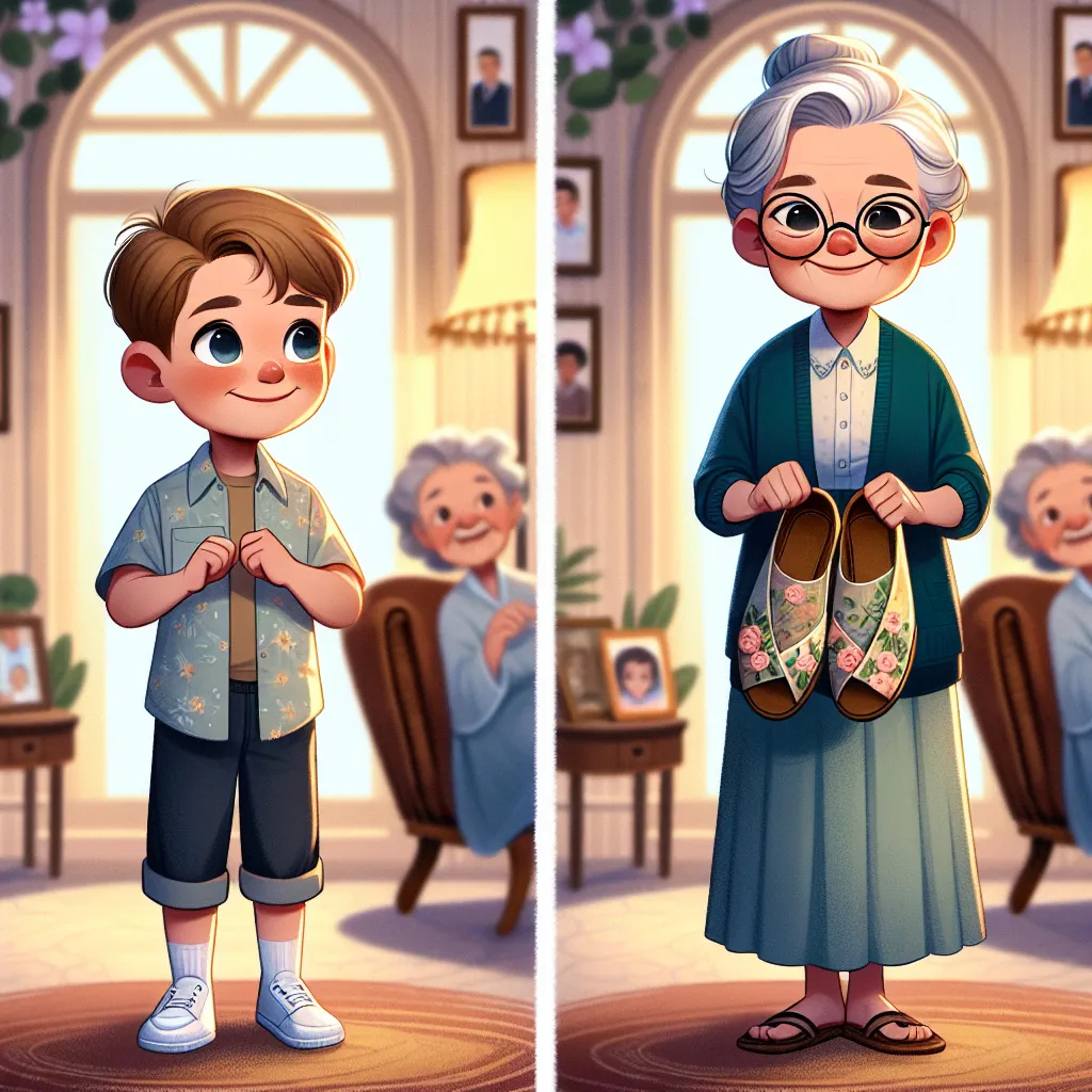 A heartwarming tale of transformation unfolds as little Timothy unwittingly dons a pair of his grandmother's oversized floral sandals, aging rapidly into the gentle and contented Edith. The image showcases the moment of realization as Timothy's features soften into Edith's, embodying the quiet acceptance and comfort of a life well-lived.