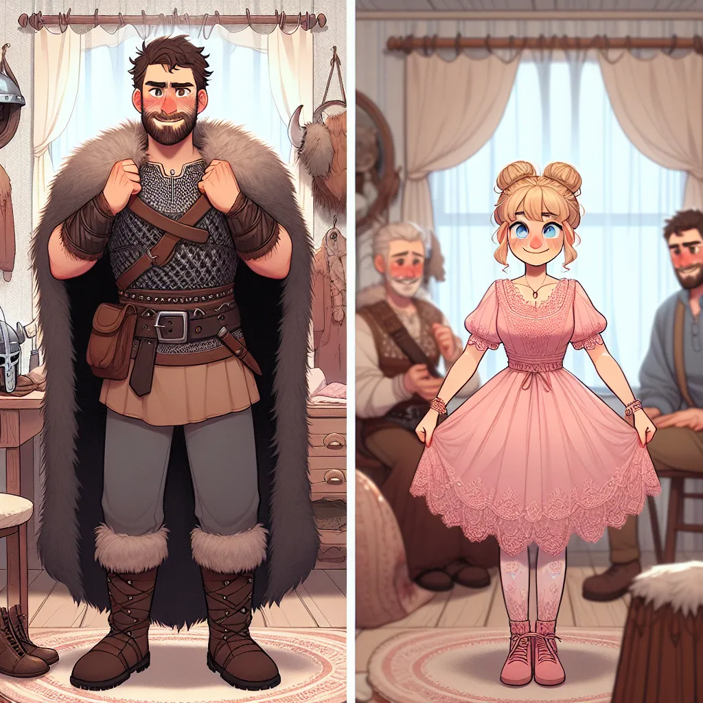 A detailed, sensitive portrayal of two unexpected transformations unfolds as Rick tries on a fierce Viking warrior cosplay outfit for Fleurie, followed by borrowing Fleurie's pink, delicate ensemble. Initially hesitant but ultimately bringing them closer, the outfits become symbols of shared joy and acceptance, captured against a backdrop of laughter and warmth.