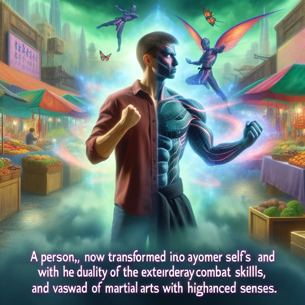 A person, now transformed into the character Azucena from the game Tekken 8, stands in a vibrant marketplace, overwhelmed by their new body and heightened senses. They grapple with the duality of their former self's desires and the extraordinary combat skills and knowledge of martial arts that now reside within them. Uncertain of what lies ahead, they embrace their enigmatic existence as they navigate this surreal reality.