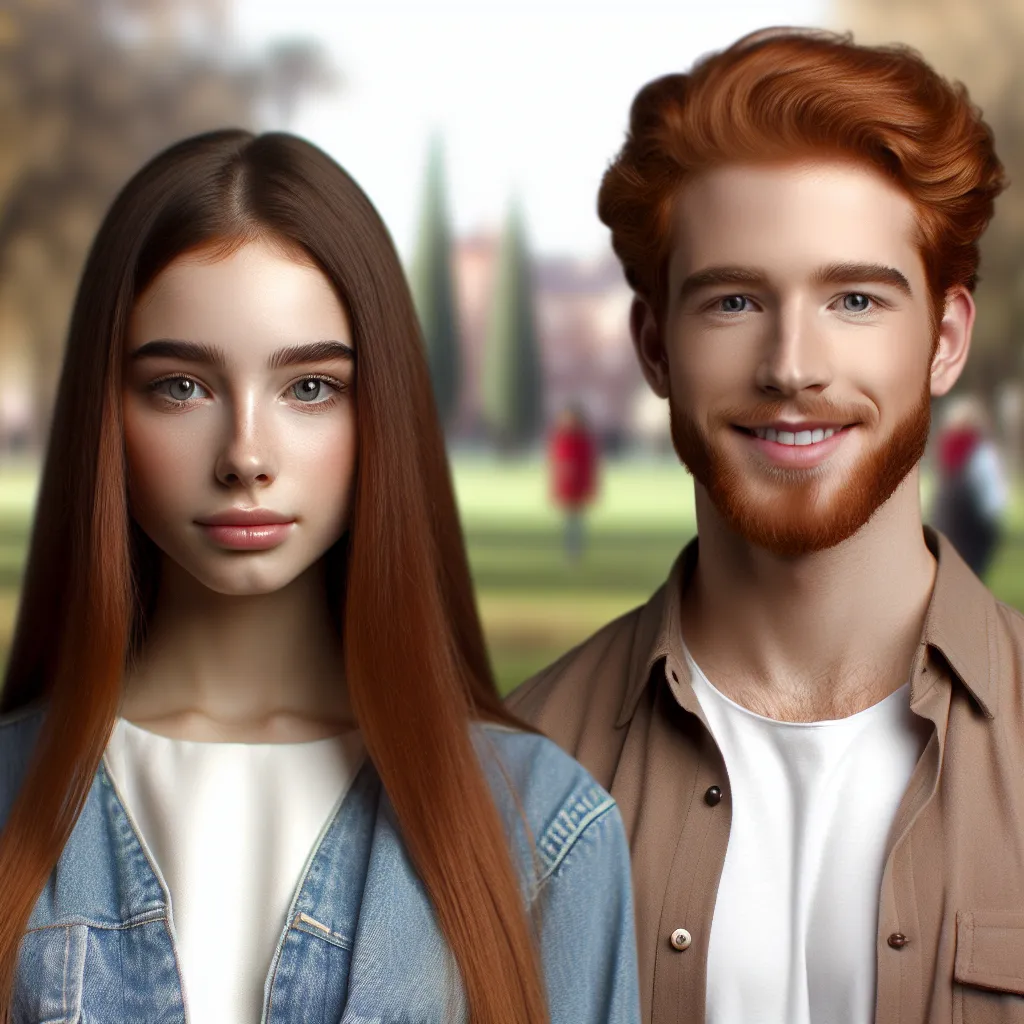 The image shows a young woman with long red hair standing in a park. She has a soft and feminine demeanor. Standing next to her is a confident and brash-looking guy with a mischievous grin. He has the same red hair, but his posture and expression are completely different. They both wear casual clothes.