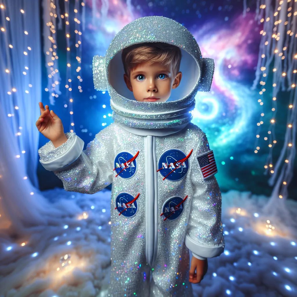 This image will depict a young boy dressed as an astronaut, his sparkly white jumpsuit adorned with NASA patches and glowing tape, standing in a cosmic setting with stars twinkling in the background. He has bright blue eyes filled with wonder and is reaching out towards the vast universe, capturing the essence of a magical Halloween night.