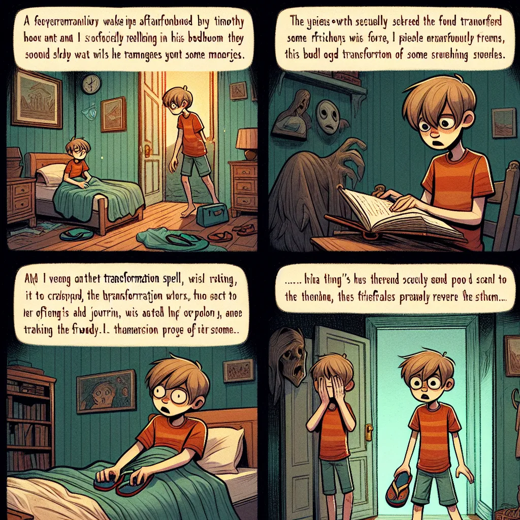 A confused Timothy wakes up in a strange room, realizing he is in a different form but with some memories intact. He searches for clues, discovers he is in his friend's mother's room, and decides to seek her help. Unable to communicate the changes, Timothy retreats to the bedroom to gather his thoughts. He finds the flip-flops that triggered the transformation and decides to pick them up, hoping to reverse the change. His friend enters the room, puzzled by his behavior. Timothy explains what hap