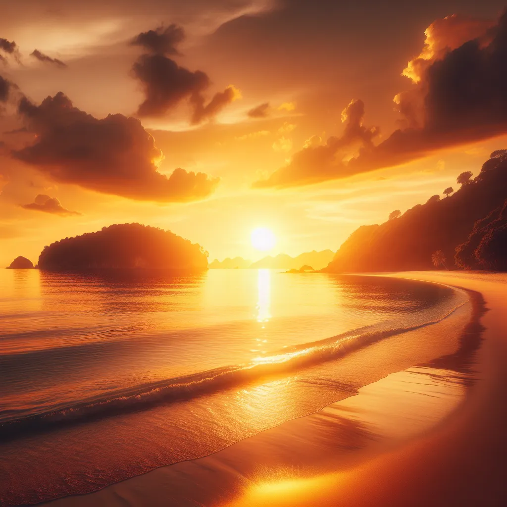 A glowing golden sunset over a calm, serene beach, with soft waves gently lapping against the shore.