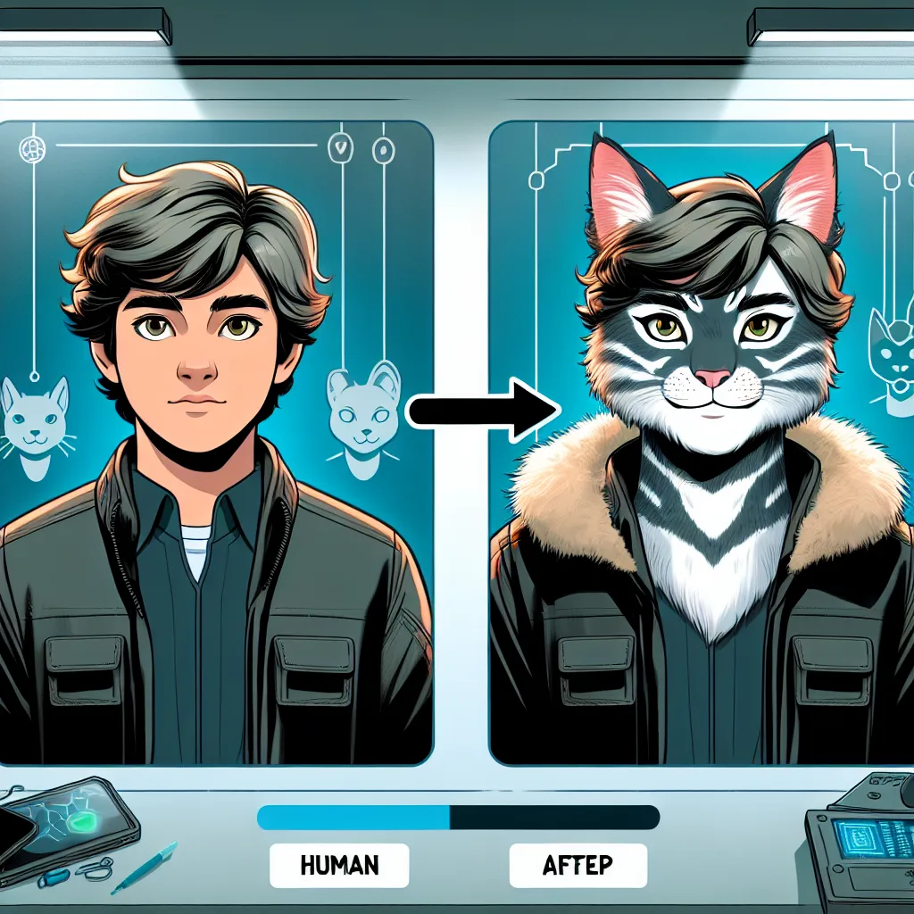 An image to accompany this story could be a digital illustration of a teenager named Kai transforming into a tuxedo cat girl named Whisper. The illustration shows Kai's human form on the left side and Whisper's transformed form on the right side, with attention to the detailed changes such as the fur, facial features, and cat-like ears. The background could have a sci-fi aesthetic, with futuristic gadgets and gizmos scattered around, representing Kiara's room where the transformation takes place