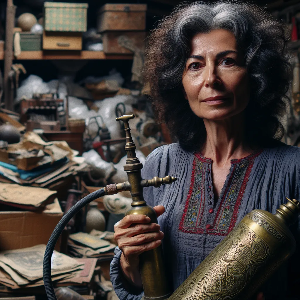 Description: An image of a woman in her 40s, Halima, holding an intricately designed air pump made of polished brass with ornate engravings resembling ancient calligraphy. She is standing in a cluttered attic, surrounded by dusty boxes and relics of the past.