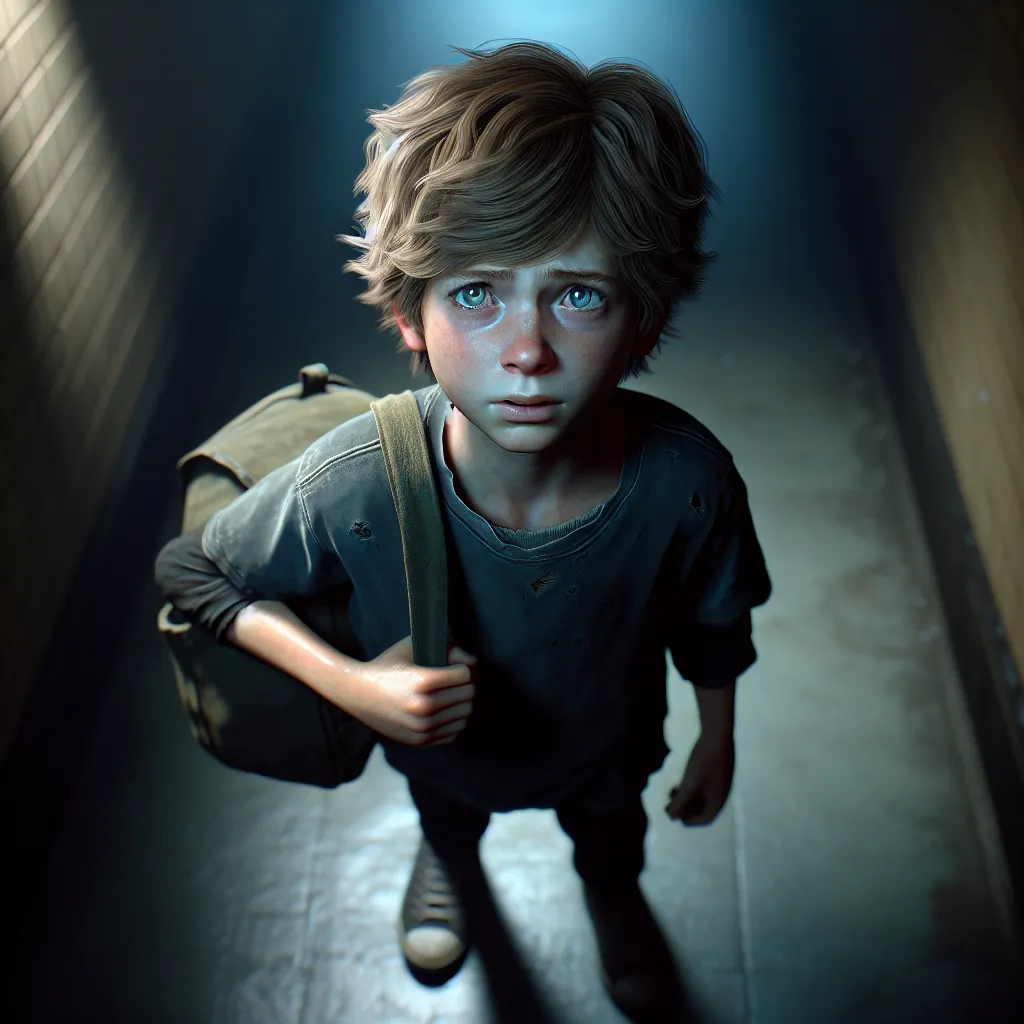 An image that depicts a young boy named Jacob Taylor, with tousled blond hair and bright blue eyes, standing in a dimly lit hallway, gripping a small purse, wearing a torn, tight black dress and struggling to walk in high heels. He is surrounded by shadows, with a mix of fear and determination on his face.