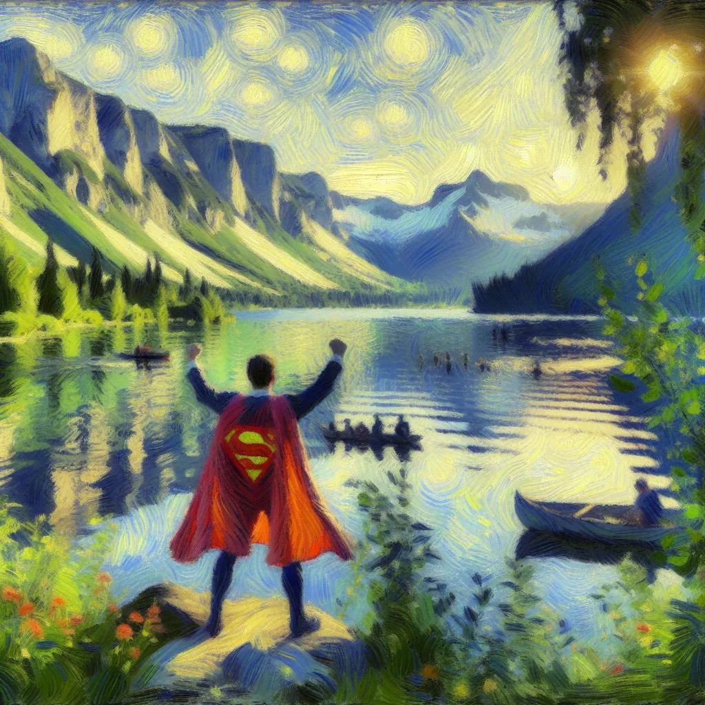 Different, Extraordinary, Lake, Superpower, Adventure in the style of Monet
