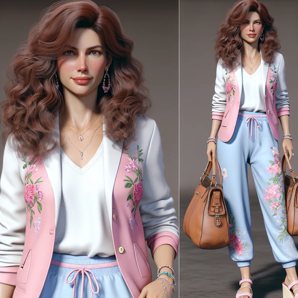 A digital image showing Donna Hawkins, a mature woman in her 40s, wearing a pink jacket with floral embroidery, a white blazer, light blue sweatpants with pastel dots, and platform sandals with rhinestone straps. She carries a large tan leather purse and wears various pieces of jewelry. Her hair is chestnut brown, styled in loose curls, and her eyes are hazel.